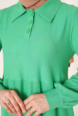 Düğme Yakalı Bürümcük Elbise Yeşil - Tesettür Elbise