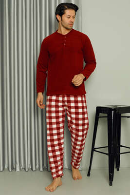 Düğme Yakalı Doğalgaz Faturası Düşüren Erkek Pijama Takımı Bordo - Pijama & Gecelik