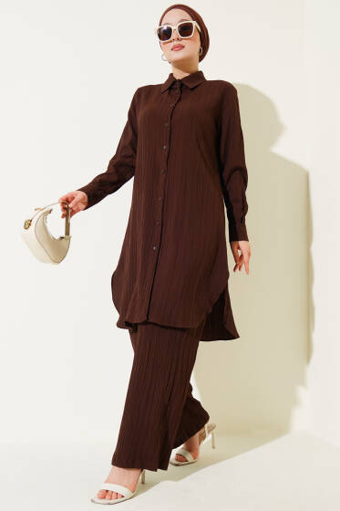 Düğmeli Ağaç Kabuğu İkili Takım Kahve - İkili Takım