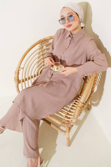 Düğmeli Ağaç Kabuğu İkili Takım Latte - İkili Takım