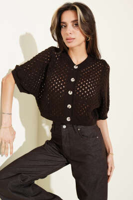 Düğmeli Ajurlu Kısa Hırka Kahve - Kadın Giyim Modelleri