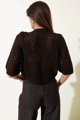 Düğmeli Ajurlu Kısa Hırka Kahve - Kadın Giyim Modelleri