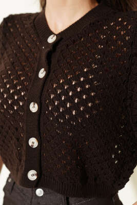 Düğmeli Ajurlu Kısa Hırka Kahve - Kadın Giyim Modelleri