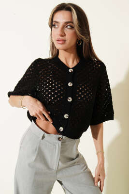 Düğmeli Ajurlu Kısa Hırka Siyah - VANİZA TRİKO