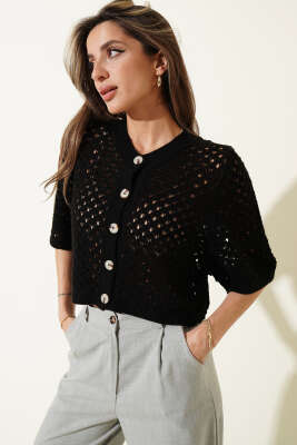 Düğmeli Ajurlu Kısa Hırka Siyah - Kadın Giyim Modelleri