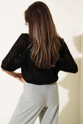 Düğmeli Ajurlu Kısa Hırka Siyah - Kadın Giyim Modelleri