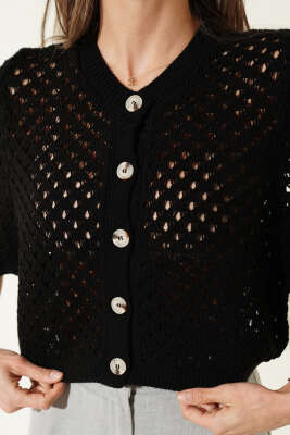 Düğmeli Ajurlu Kısa Hırka Siyah - Kadın Giyim Modelleri