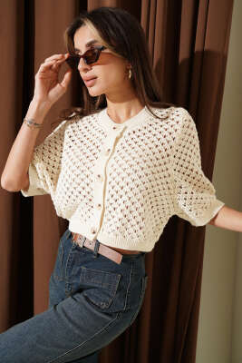 Düğmeli Ajurlu Kısa Hırka Taş - VANİZA TRİKO