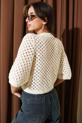 Düğmeli Ajurlu Kısa Hırka Taş - Kadın Giyim Modelleri