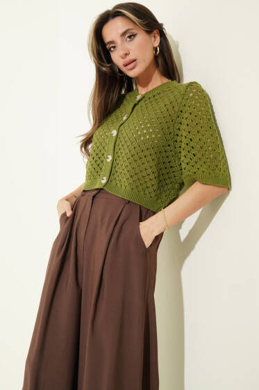 Düğmeli Ajurlu Kısa Hırka Yeşil - Kadın Giyim Modelleri