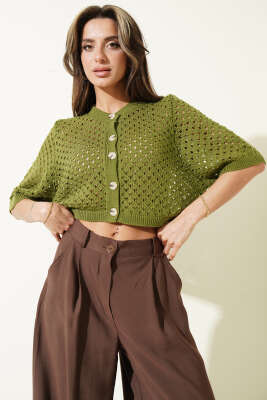 Düğmeli Ajurlu Kısa Hırka Yeşil - Kadın Giyim Modelleri