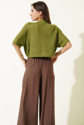 Düğmeli Ajurlu Kısa Hırka Yeşil - Kadın Giyim Modelleri