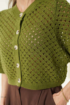 Düğmeli Ajurlu Kısa Hırka Yeşil - Kadın Giyim Modelleri