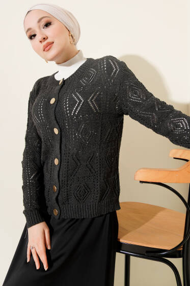 Düğmeli Ajurlu Kısa Triko Hırka Antrasit - Hırka