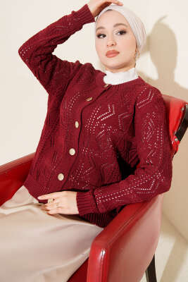 Düğmeli Ajurlu Kısa Triko Hırka Bordo - RAFİMİX