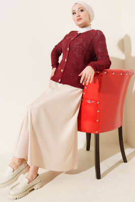 Düğmeli Ajurlu Kısa Triko Hırka Bordo - Hırka