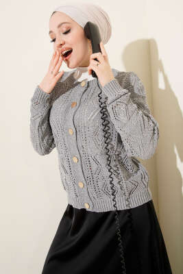 Düğmeli Ajurlu Kısa Triko Hırka Gri - RAFİMİX