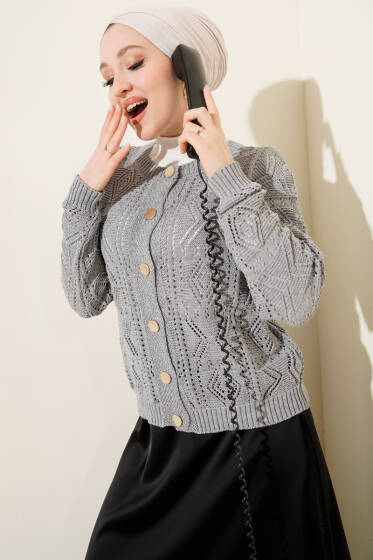 Düğmeli Ajurlu Kısa Triko Hırka Gri - Hırka