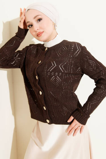 Düğmeli Ajurlu Kısa Triko Hırka Kahve - Hırka