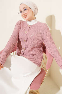 Düğmeli Ajurlu Kısa Triko Hırka Magenta - RAFİMİX