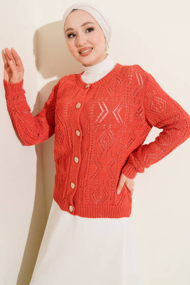 Düğmeli Ajurlu Kısa Triko Hırka Mercan - Hırka