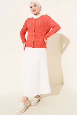 Düğmeli Ajurlu Kısa Triko Hırka Mercan - Hırka