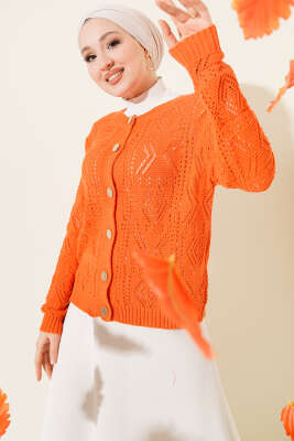 Düğmeli Ajurlu Kısa Triko Hırka Oranj - RAFİMİX