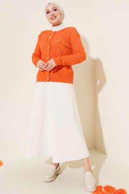 Düğmeli Ajurlu Kısa Triko Hırka Oranj - Hırka