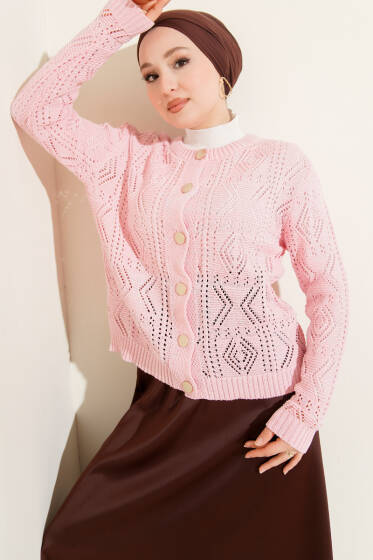 Düğmeli Ajurlu Kısa Triko Hırka Pembe - Hırka