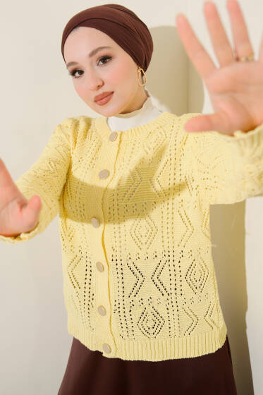 Düğmeli Ajurlu Kısa Triko Hırka Sarı - Hırka