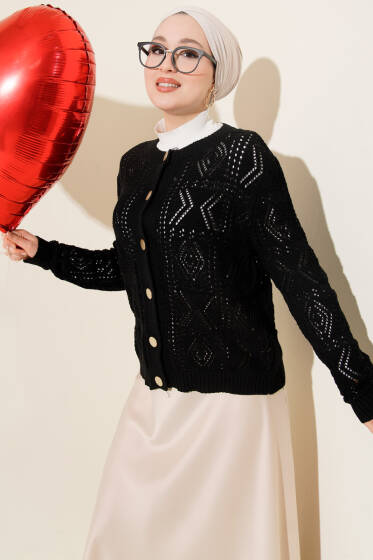 Düğmeli Ajurlu Kısa Triko Hırka Siyah - Hırka