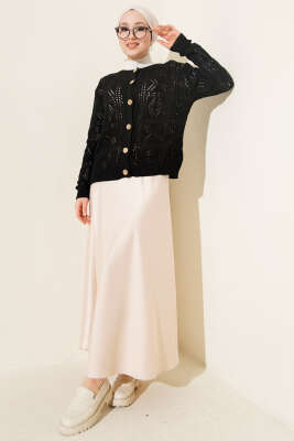 Düğmeli Ajurlu Kısa Triko Hırka Siyah - Hırka