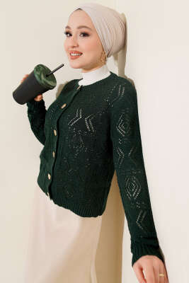 Düğmeli Ajurlu Kısa Triko Hırka Zümrüt - RAFİMİX
