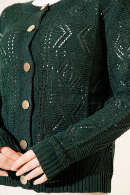 Düğmeli Ajurlu Kısa Triko Hırka Zümrüt - Hırka