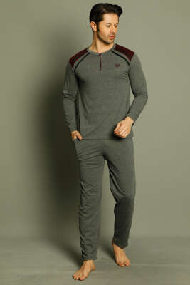 Düğmeli Armalı Erkek Pijama Takımı Füme Bordo - Kadın Pijama Takımı