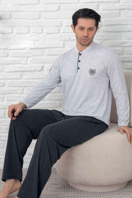 Düğmeli Armalı Erkek Pijama Takımı Gri - Kadın Pijama Takımı