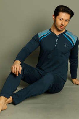 Düğmeli Armalı Erkek Pijama Takımı İndigo - Kadın Pijama Takımı