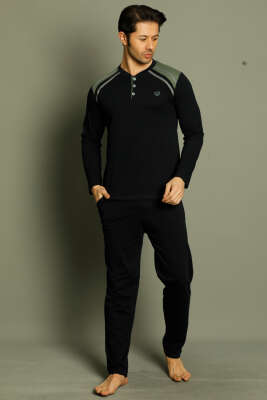 Düğmeli Armalı Erkek Pijama Takımı Lacivert Haki - Kadın Pijama Takımı