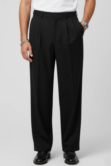 Düğmeli Baggy Erkek Pantolon Siyah - Erkek Pantolon