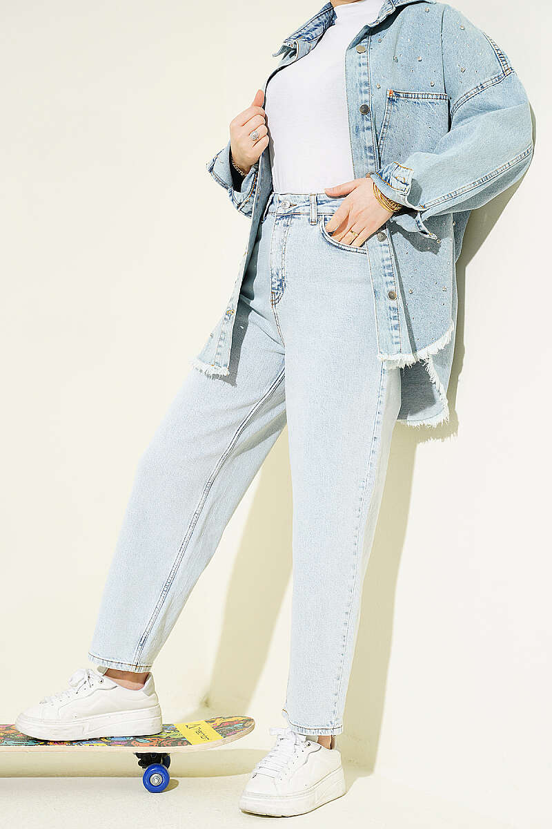 Düğmeli Baggy Pantolon Buz Mavisi