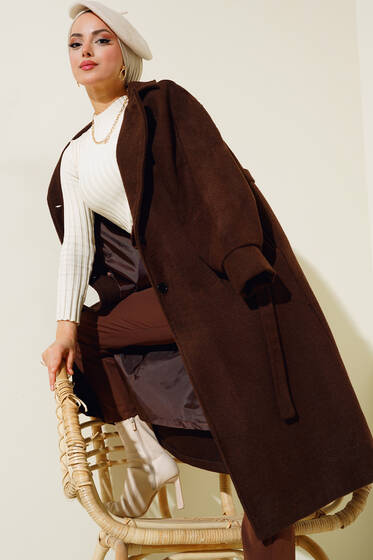 Düğmeli Balon Kol Kaşe Kaban Kahve - Kaban