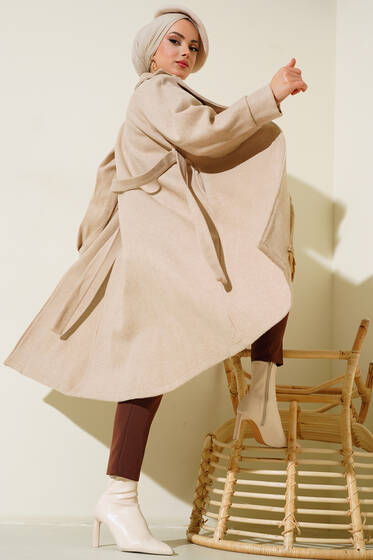 Düğmeli Balon Kol Kaşe Kaban Latte - Kaban