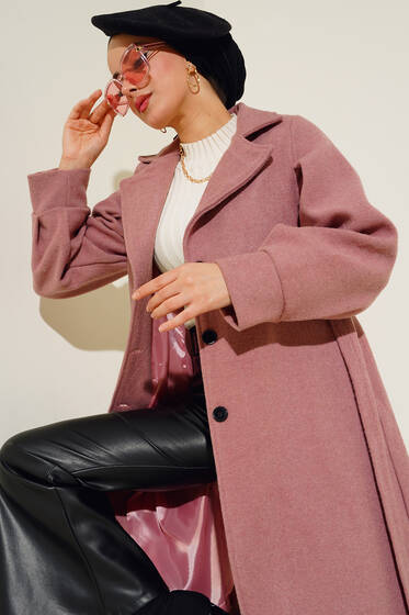 Düğmeli Balon Kol Kaşe Kaban Pudra - Kaban