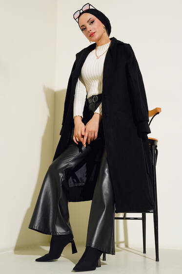 Düğmeli Balon Kol Kaşe Kaban Siyah - Kaban