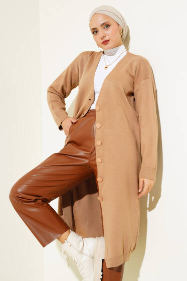 Düğmeli Basic Uzun Triko Hırka Bisküvi - Hırka