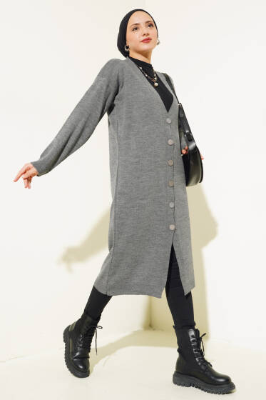 Düğmeli Basic Uzun Triko Hırka Füme - Hırka
