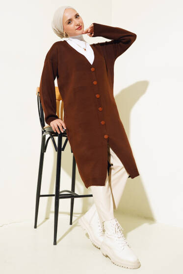 Düğmeli Basic Uzun Triko Hırka Kahve - Hırka