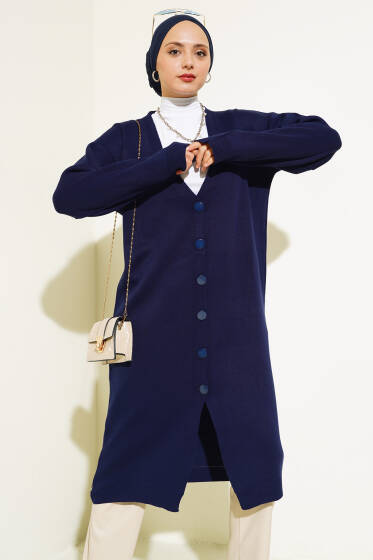 Düğmeli Basic Uzun Triko Hırka Lacivert - Hırka