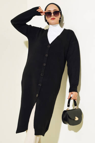 Düğmeli Basic Uzun Triko Hırka Siyah - Hırka