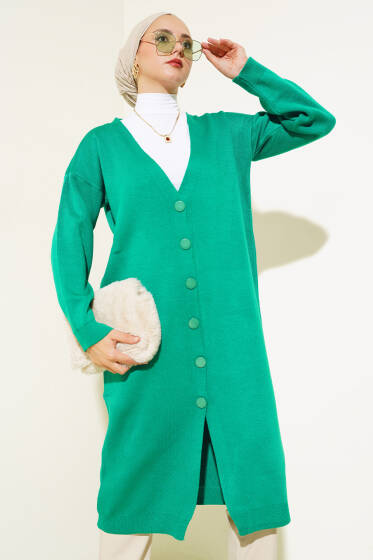 Düğmeli Basic Uzun Triko Hırka Yeşil - Hırka